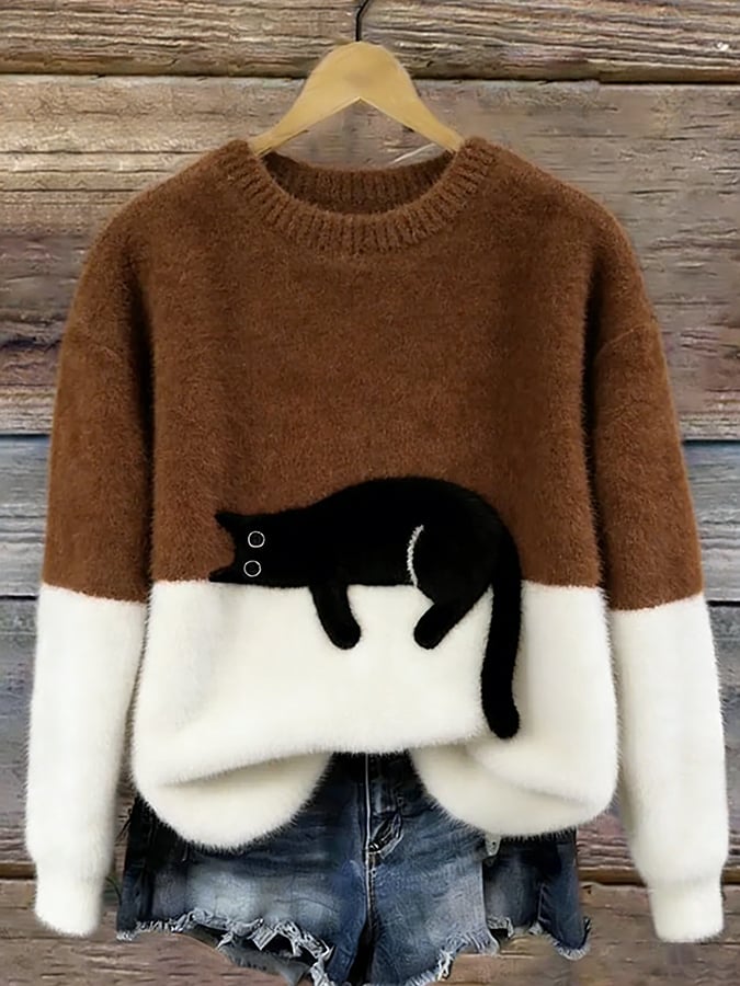 Wilhelmina | Camisola de Malha Color Block com Motivo de Gato