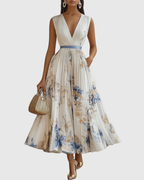Xena | Vestido Maxi Floral Manga Longa Decote V Plissado com Laço