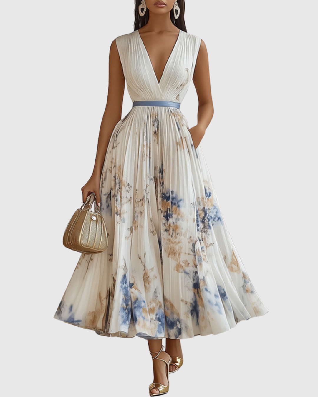 Xena | Vestido Maxi Floral Manga Longa Decote V Plissado com Laço