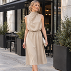 Vestido Midi Feminino Acinturado | Gola Alta Drapeada, Sem Mangas