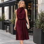 Vestido Midi Feminino Acinturado | Gola Alta Drapeada, Sem Mangas