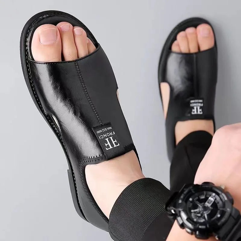 Sandálias de couro genuíno masculinas bico aberto slip-on antiderrapante
