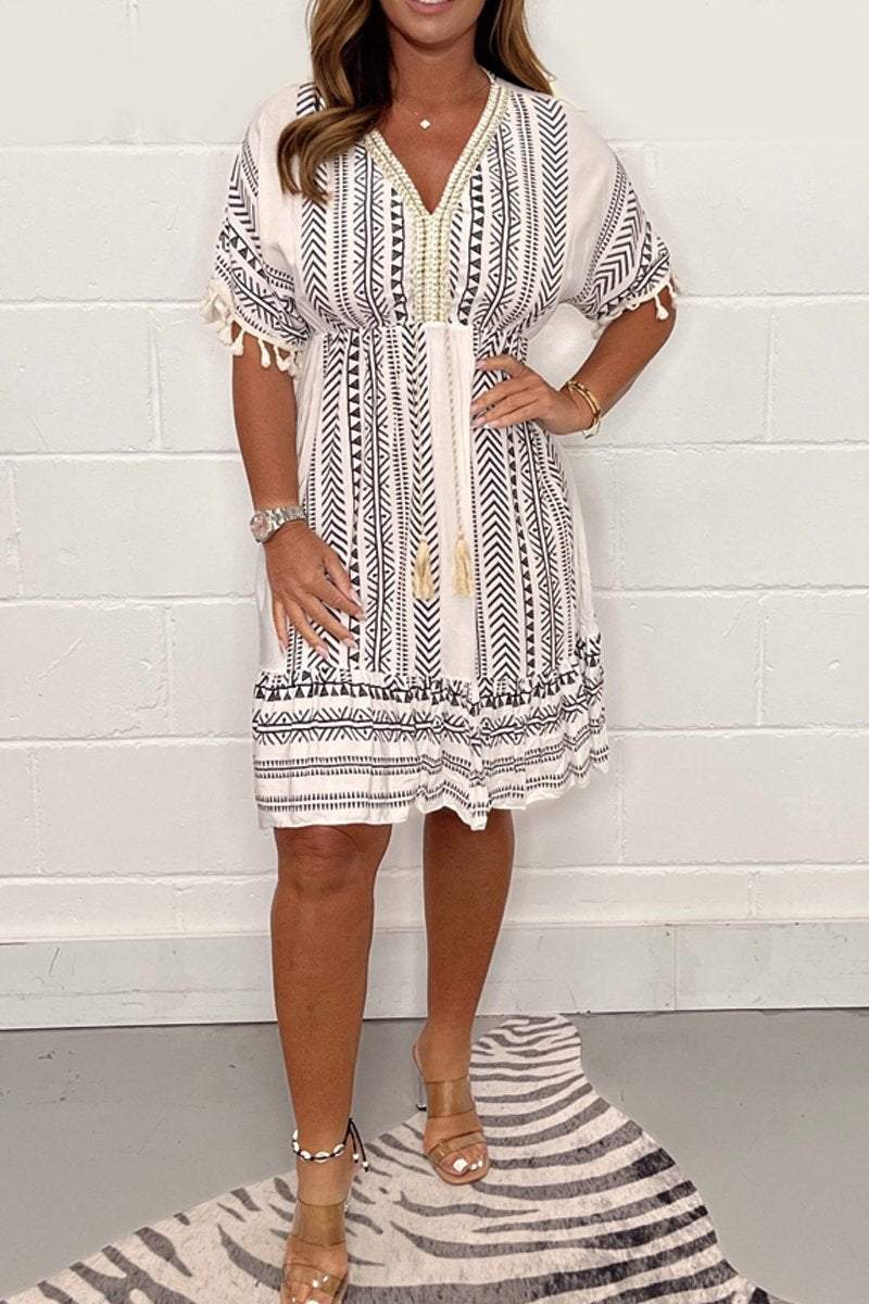 Amara | Vestido Boho Algodão Estampado Étnico Decote V