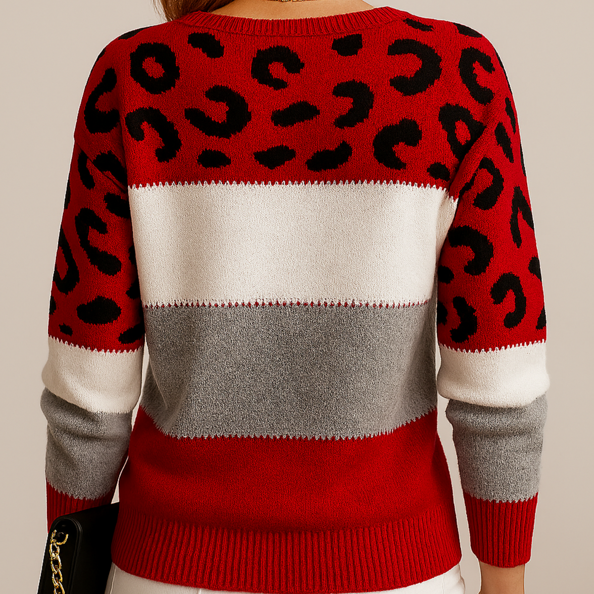 Kestrel | Camisola Malha Feminina Color Block Padrão Leopardo