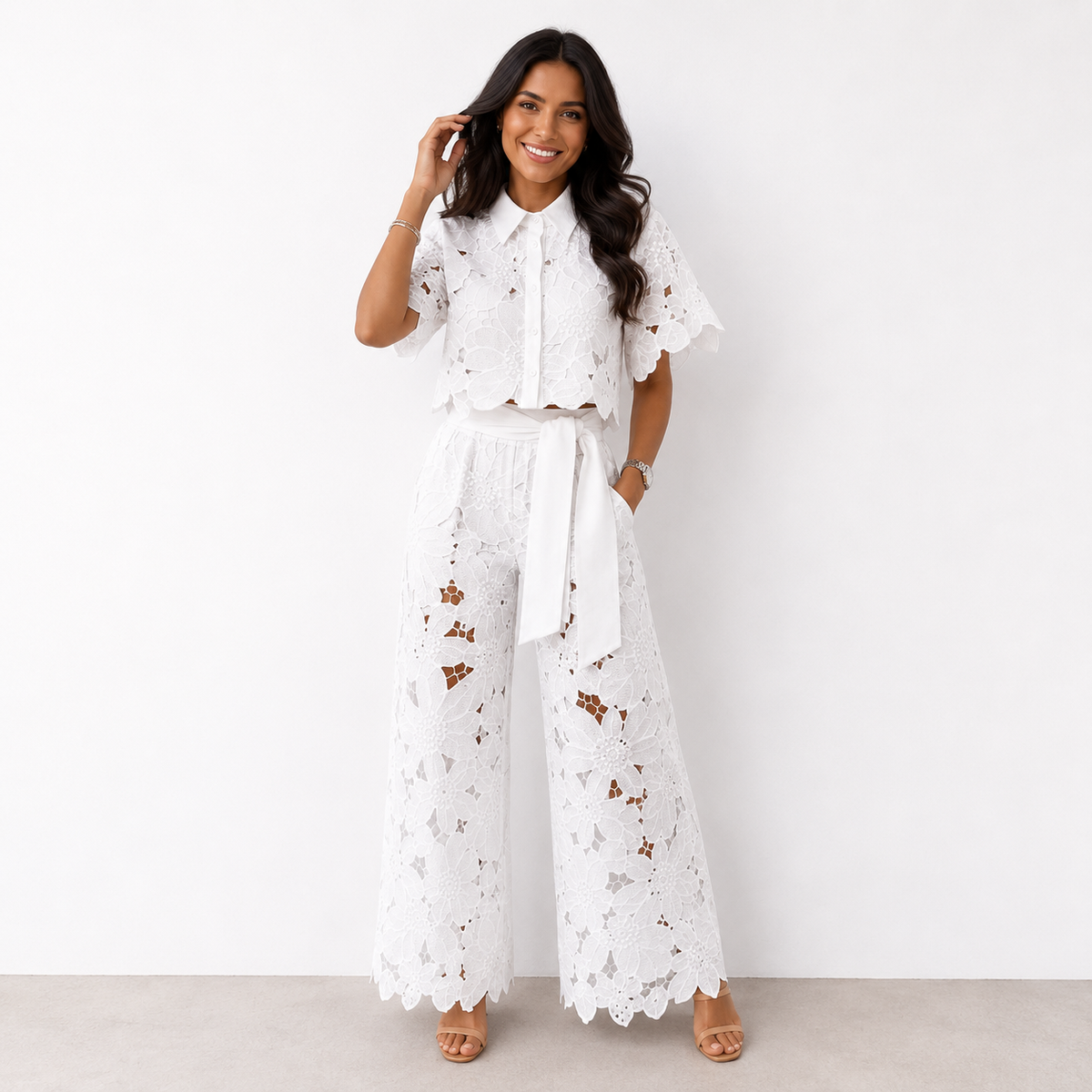 Conjunto de Mulher Verão | Detalhes Florais Rendados | Calças Fluidas