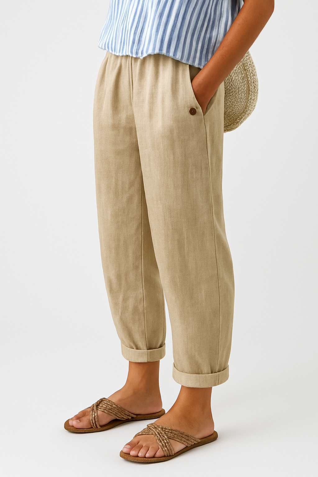 Calça feminina folgada | Casual e confortável | Bolsos, barra dobrada
