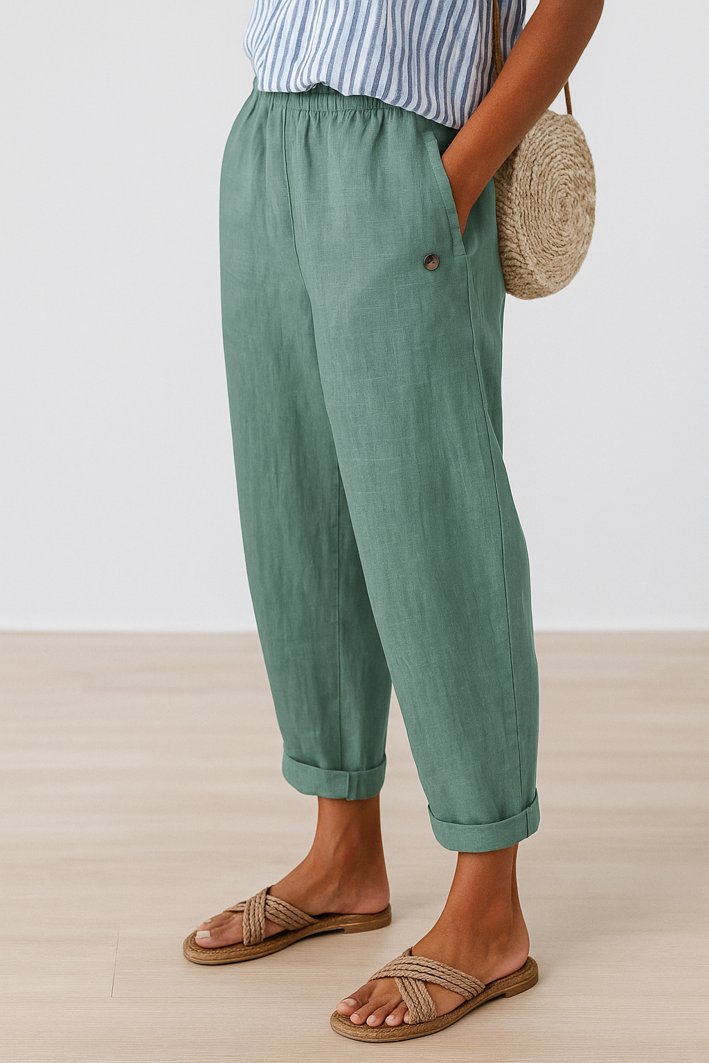 Calça feminina folgada | Casual e confortável | Bolsos, barra dobrada