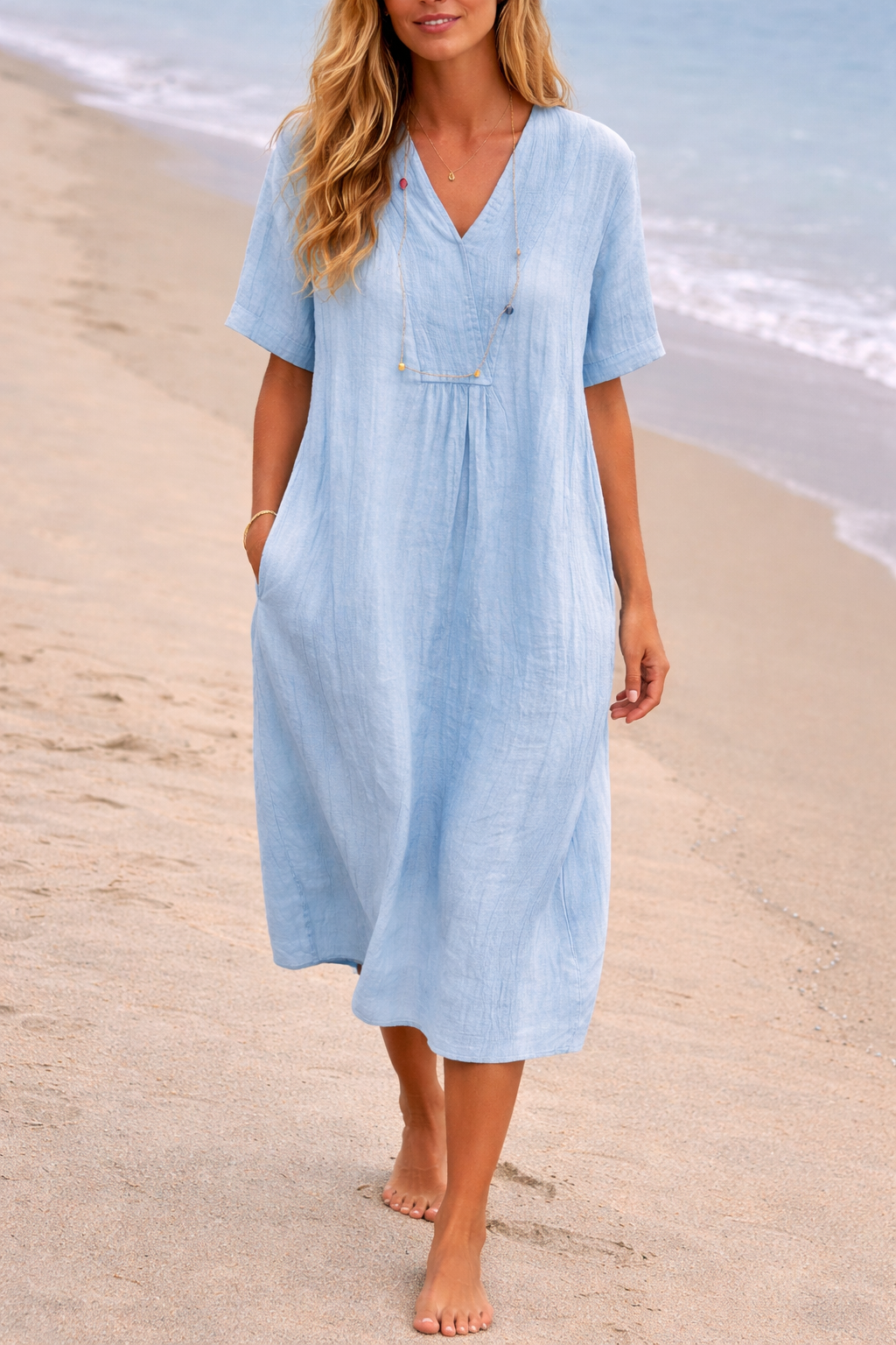 Vestido Midi de Linho | Decote em V, Conforto para Clima Quente