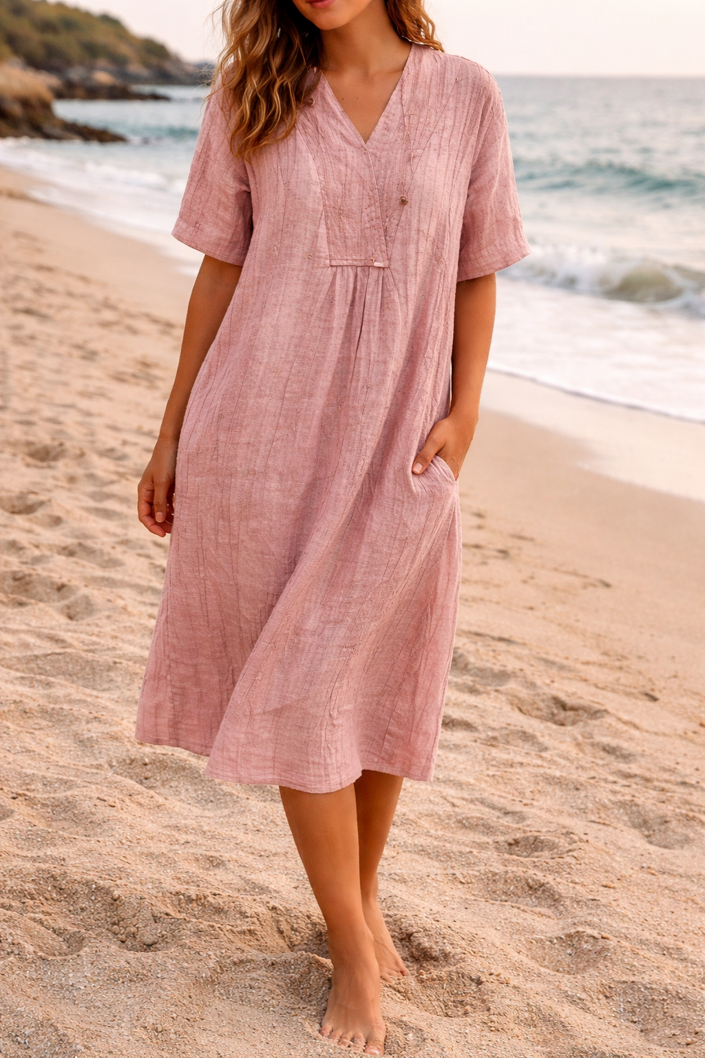 Vestido Midi de Linho | Decote em V, Conforto para Clima Quente