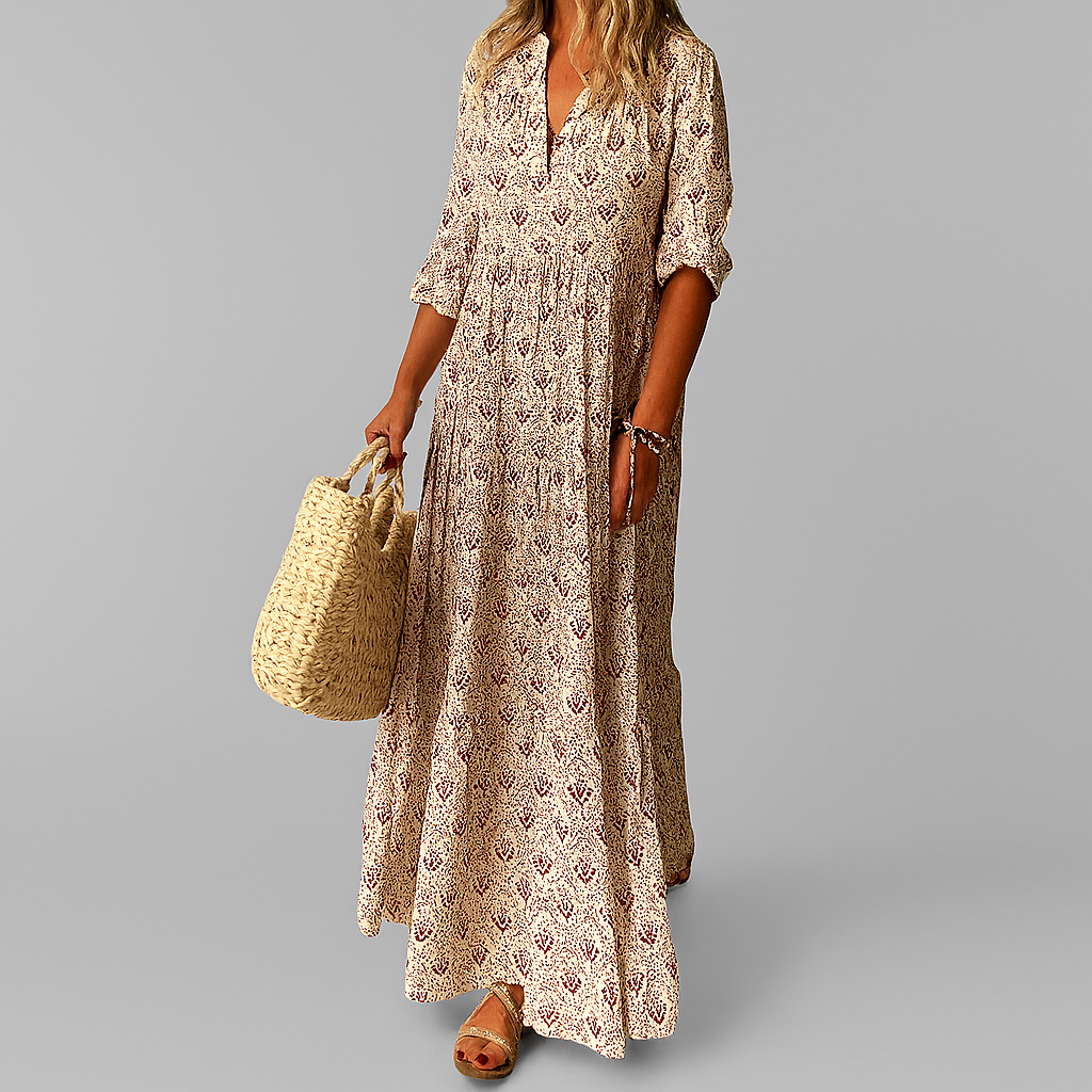 Nina | Mulher Vestido Maxi Algodão Estampa Vintage Manga 3/4
