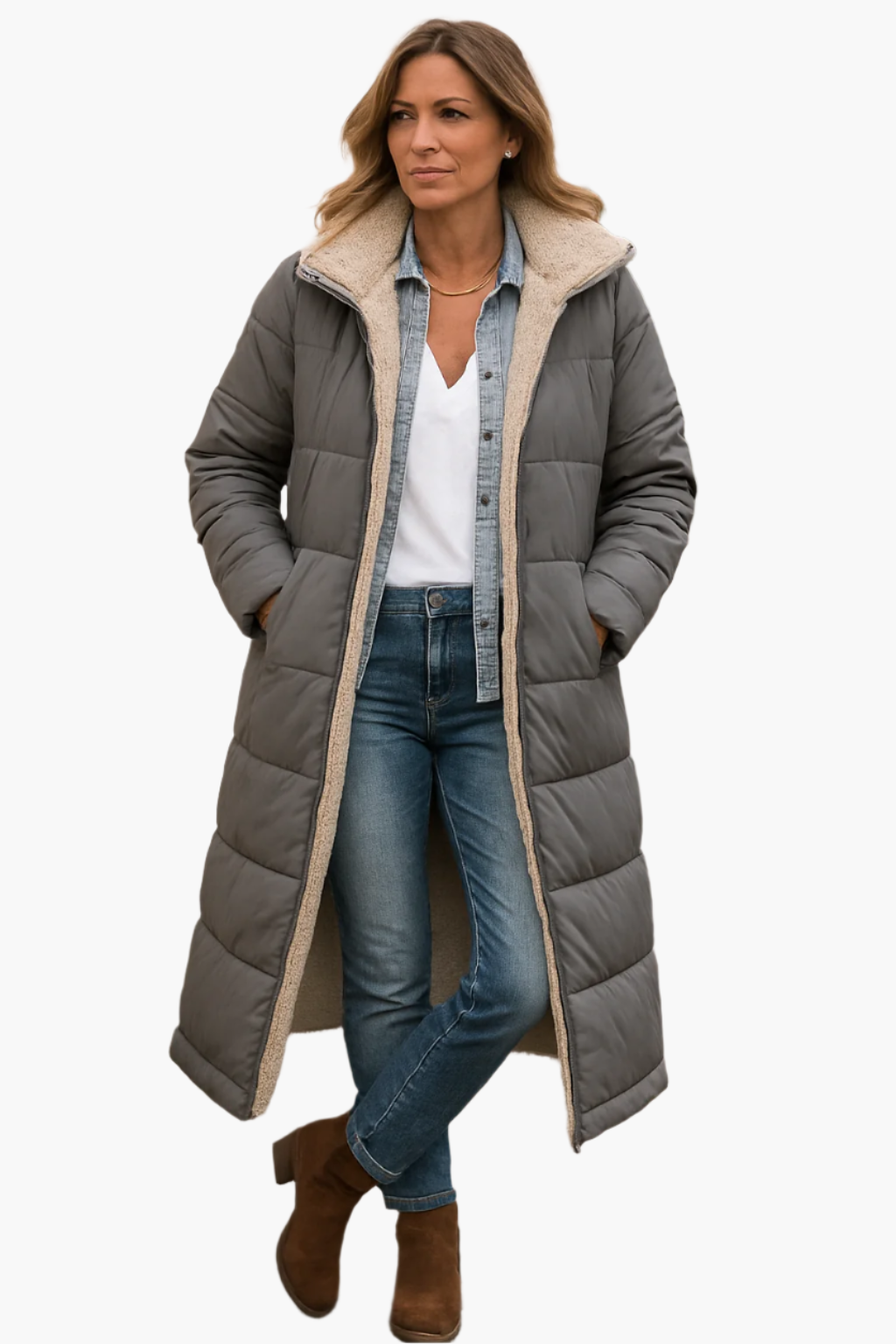 Orla | Mulher Casaco Puffer Longo Matelassê Forrado Polar