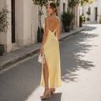 Vestido de Cetim | Costas Nuas, Fenda Lateral | Estilo de Verão Elegante