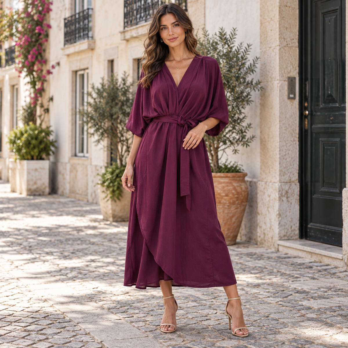 Vestido Midi Mulher | Decote V, Cintura Ajustável | Fluido