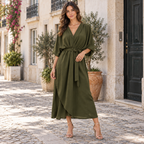 Vestido Midi Mulher | Decote V, Cintura Ajustável | Fluido
