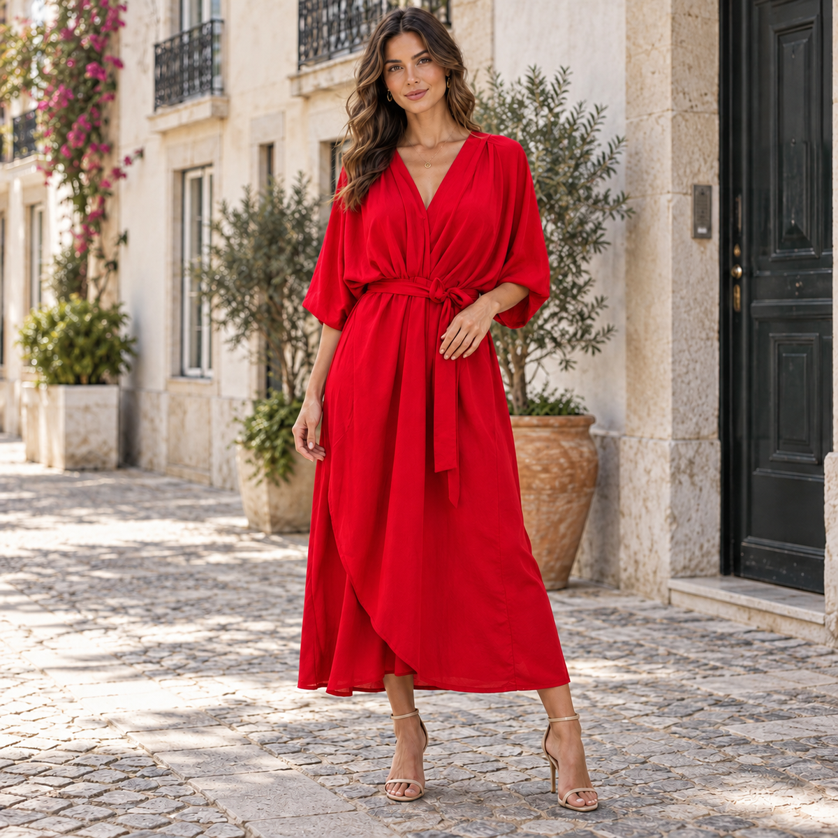 Vestido Midi Mulher | Decote V, Cintura Ajustável | Fluido