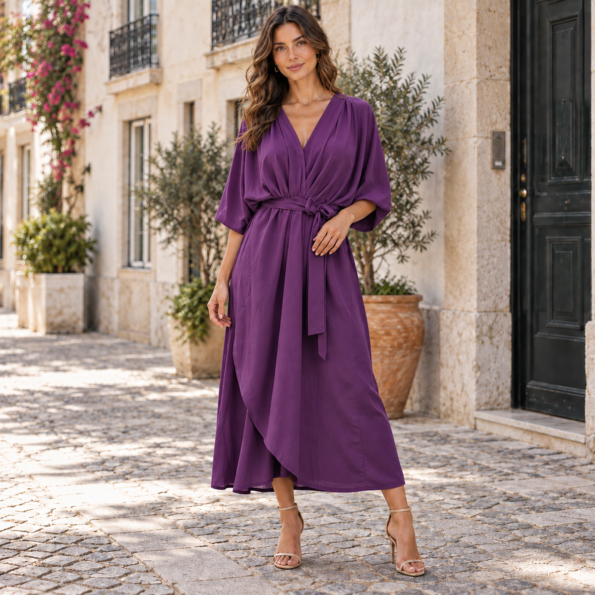 Vestido Midi Mulher | Decote V, Cintura Ajustável | Fluido