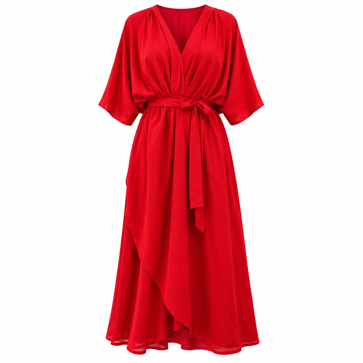 Vestido Midi Mulher | Decote V, Cintura Ajustável | Fluido