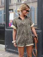 Mulher Macacão Curto Estampado Animal Print Gola Camisa