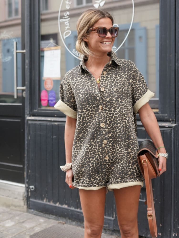 Zara | Mulher Macacão Curto Estampado Leopardo Manga Curta