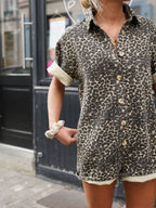 Mulher Macacão Curto Estampado Animal Print Gola Camisa