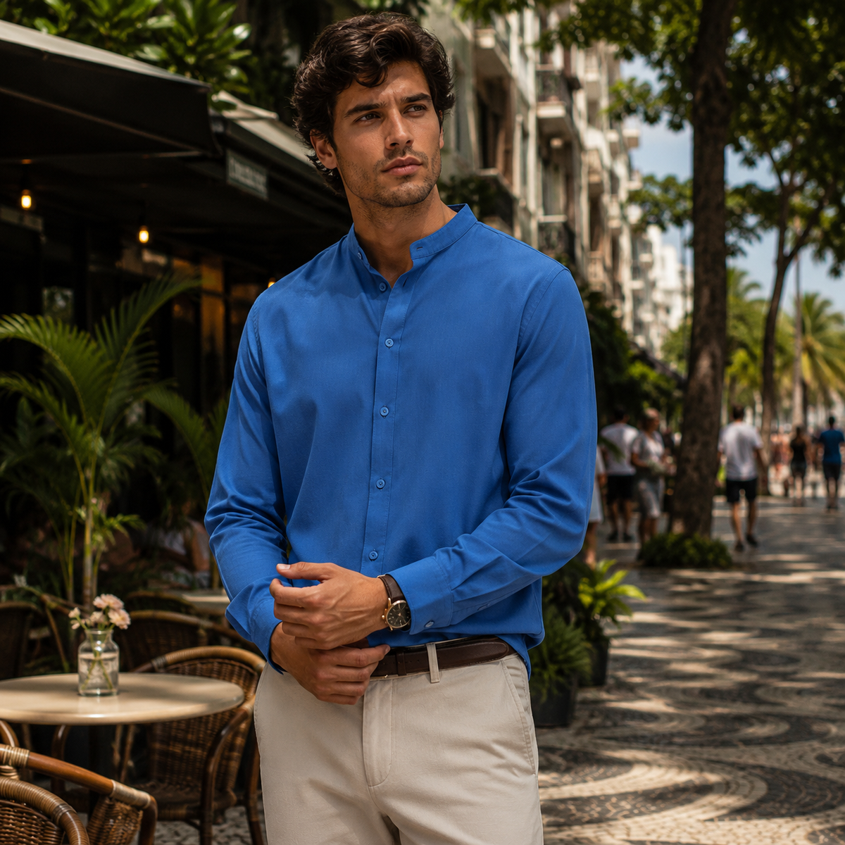 Camisa Masculina Manga Longa Respirável com Botões e Corte Confortável