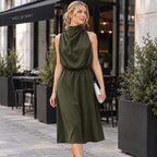 Vestido Midi Feminino Acinturado | Gola Alta Drapeada, Sem Mangas