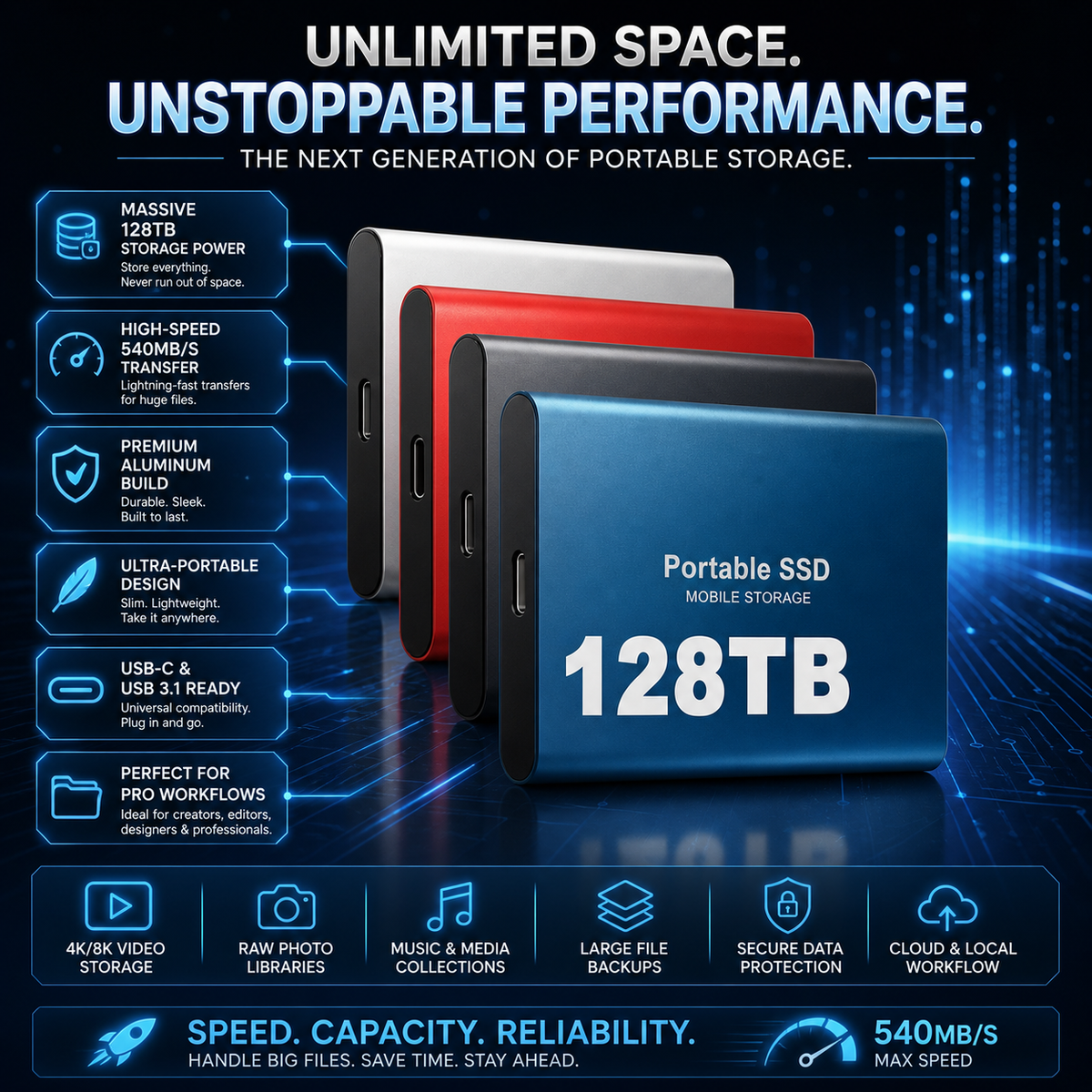 Cosima | SSD Externo Portátil | Alta Velocidade USB, 128TB | Alumínio