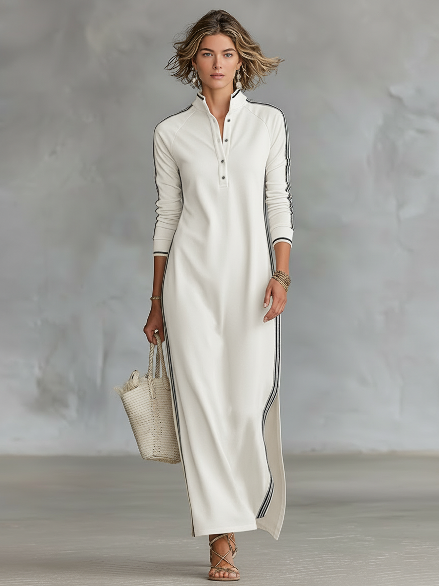 Vestido Maxi Sweatshirt Gola Colarinho Feminino Minimalista