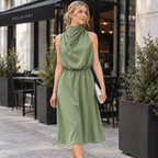 Vestido Midi Feminino Acinturado | Gola Alta Drapeada, Sem Mangas