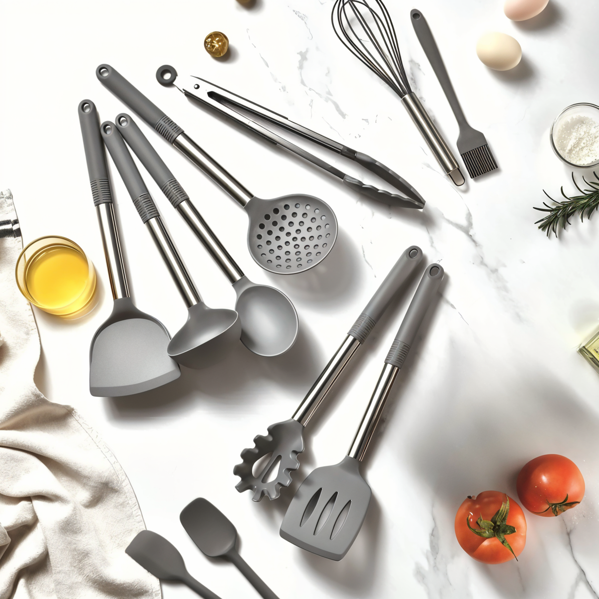 Posy | Conjunto de Utensílios de Cozinha em Silicone | 12 Peças, Resistente ao Calor | Cabo Inox