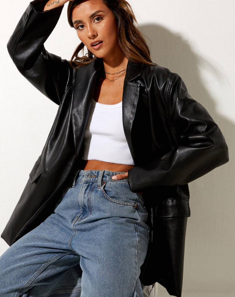 Blazer de Cuero para Mulher | Preto, Corte Entallado