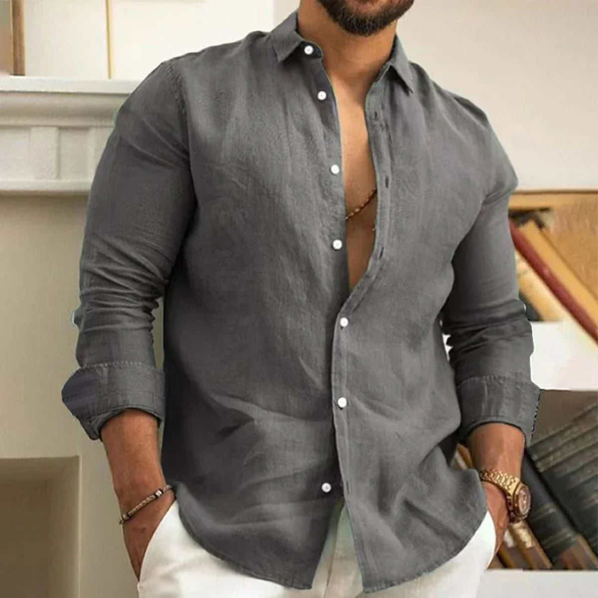 Camisa Masculina Manga Longa Slim com Gola Clássica