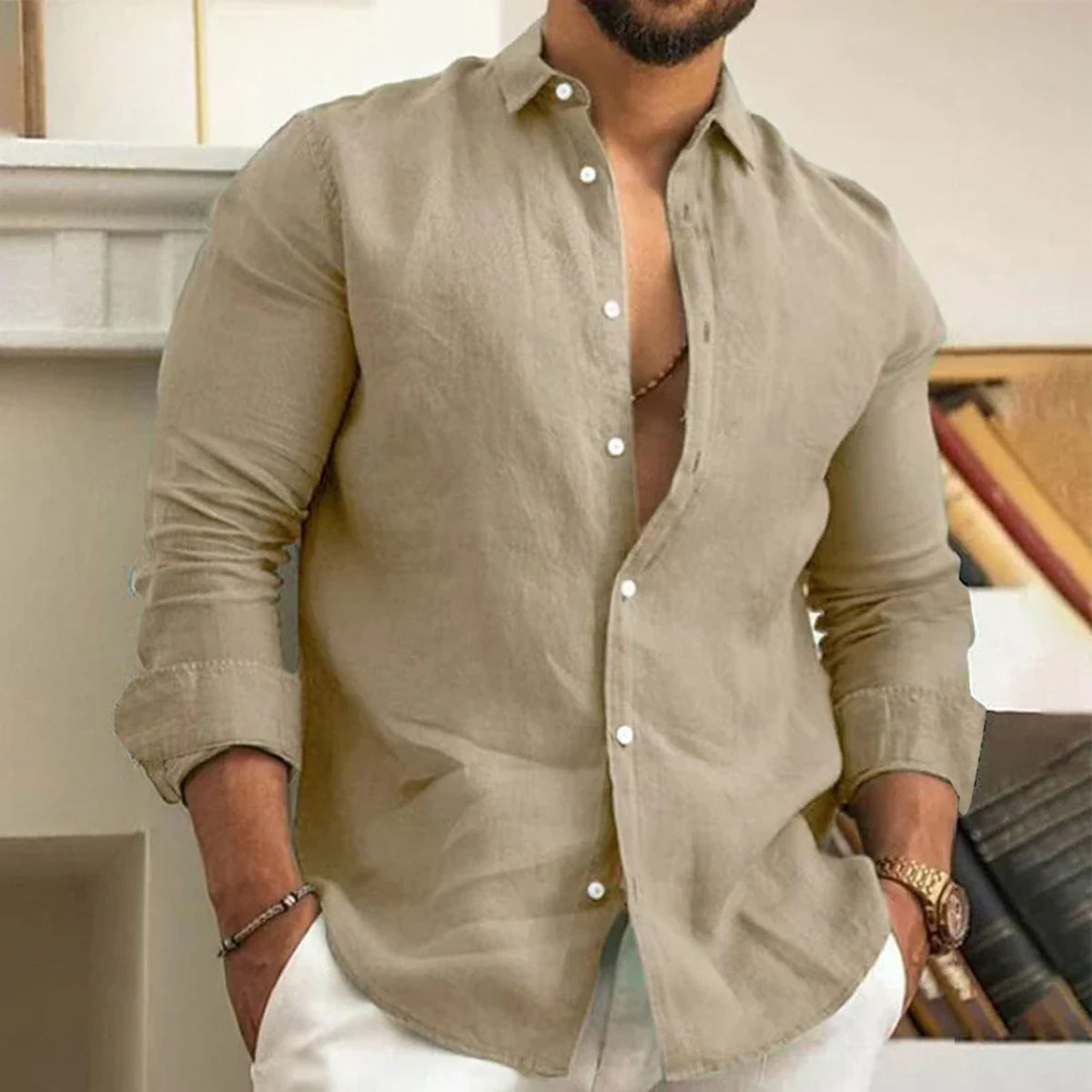 Camisa Masculina Manga Longa Slim com Gola Clássica