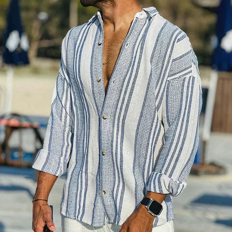 Camisa de Linho | Manga Longa, Listrada, Ajuste Solto