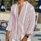 Camisa de Linho | Manga Longa, Listrada, Ajuste Solto