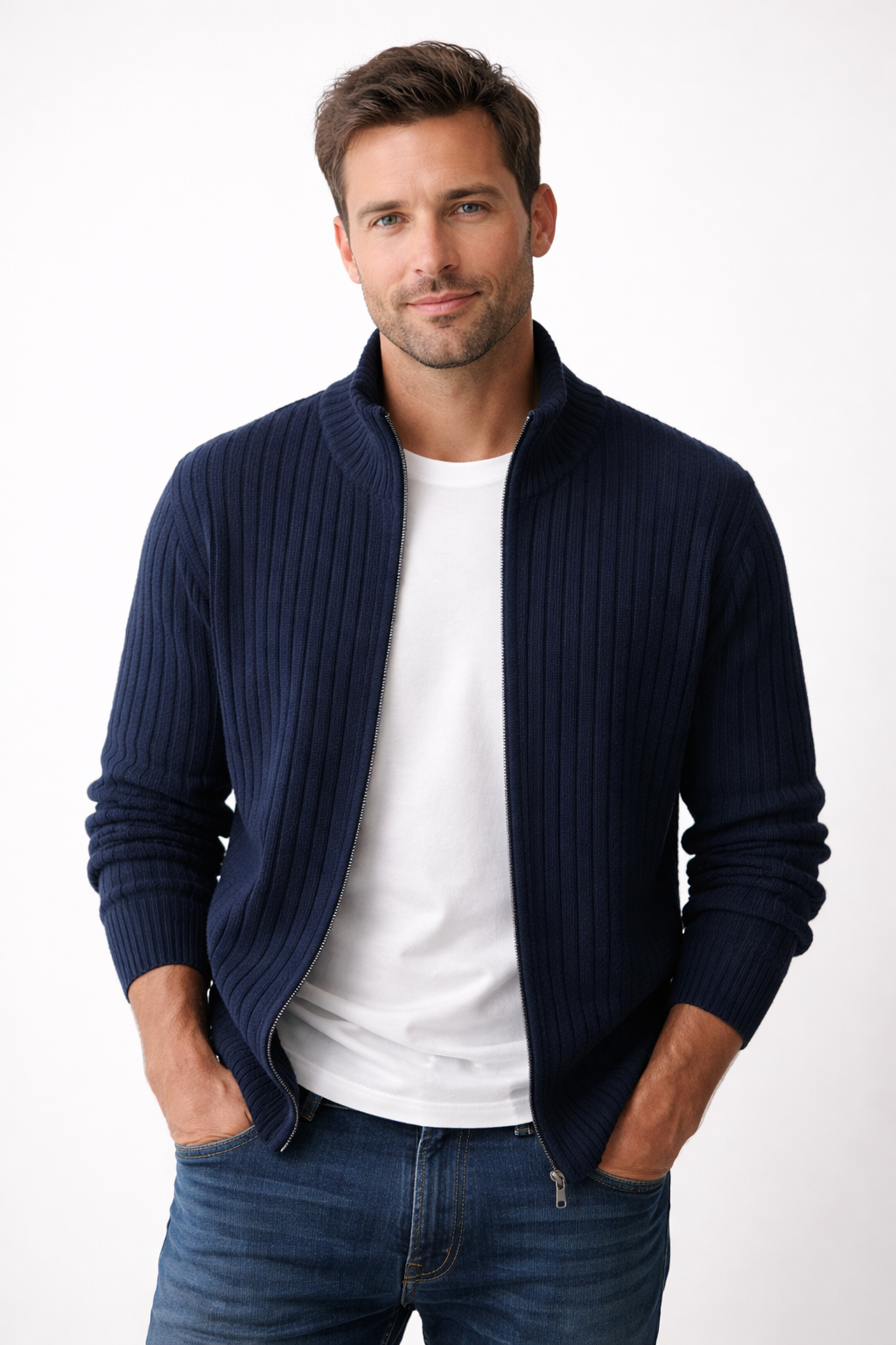 Amara | Homem Cardigan Tricot Fecho Zip Gola Alta