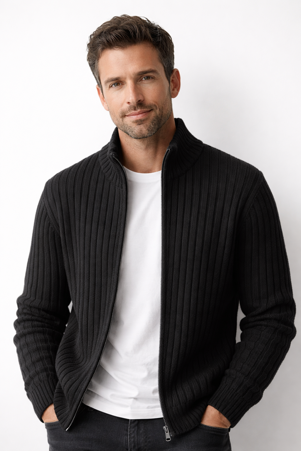 Amara | Homem Cardigan Tricot Fecho Zip Gola Alta