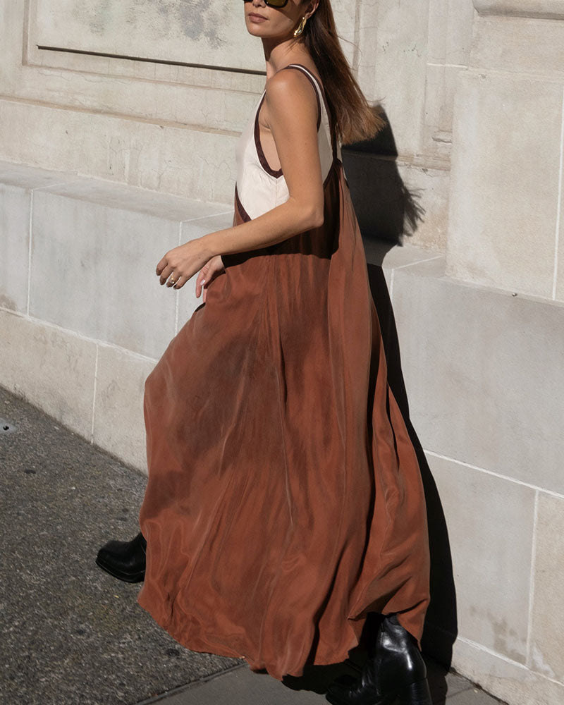 Freya | Vestido Maxi Feminino Decote em V Contraste de Cores
