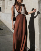 Freya | Vestido Maxi Feminino Decote em V Contraste de Cores