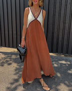 Freya | Vestido Maxi Feminino Decote em V Contraste de Cores