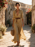 Vestido Maxi Feminino Algodão Manga Longa Colarinho Lapela