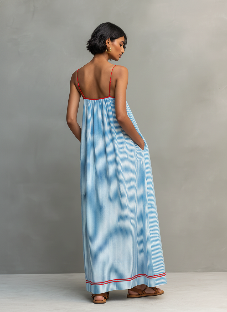 Ondina | Vestido Maxi Feminino Riscas com Alças Finas