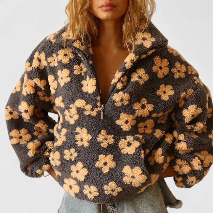 Camisola feminina floral meia abertura manga comprida corte amplo