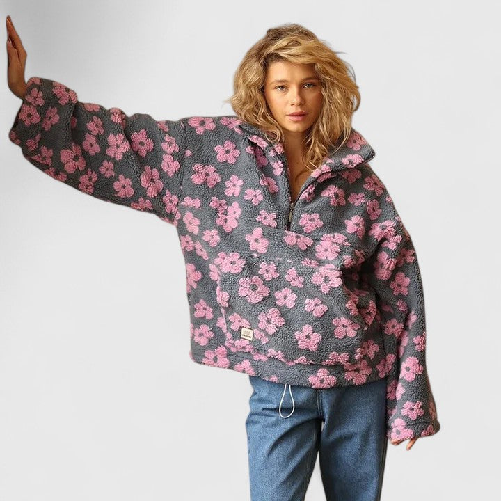 Camisola feminina floral meia abertura manga comprida corte amplo