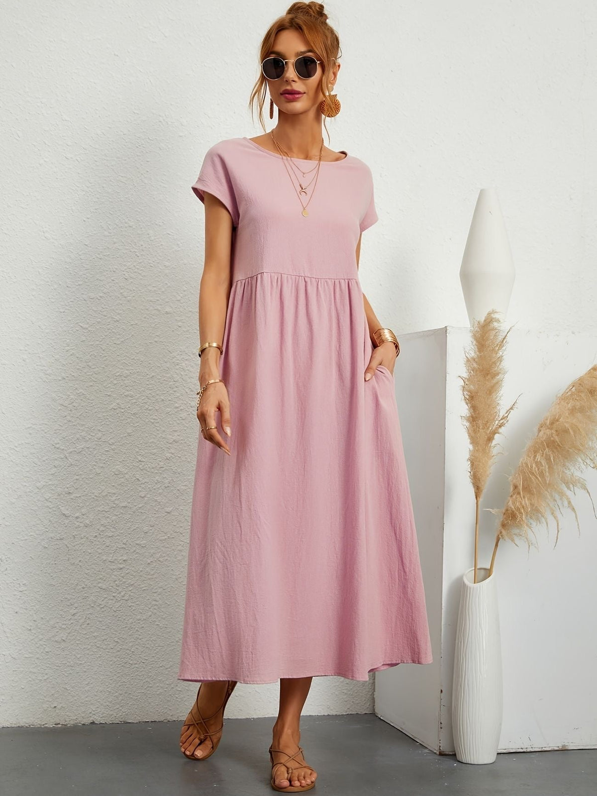 Embla | Vestido Longo Feminino Casual com Bolsos Mangas Curtas