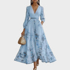 Xena | Vestido Maxi Floral Manga Longa Decote V Plissado com Laço