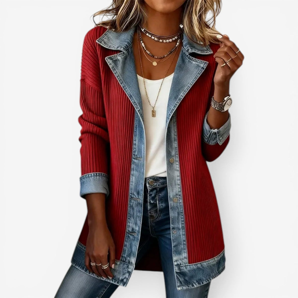 Sabine | Casaco Feminino Malha Canelada com Recortes Jeans