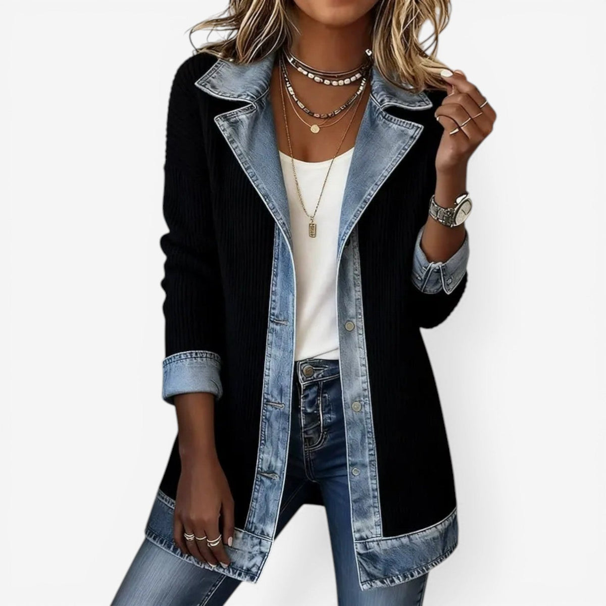 Sabine | Casaco Feminino Malha Canelada com Recortes Jeans