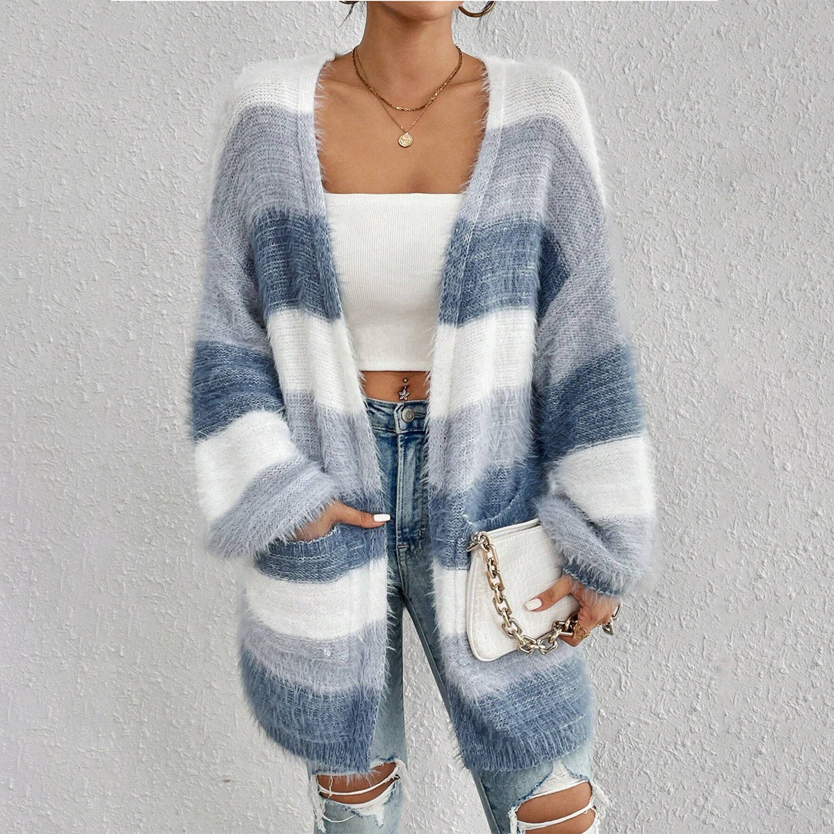 Maren | Mulher Cardigan Oversized Listrado Manga Longa
