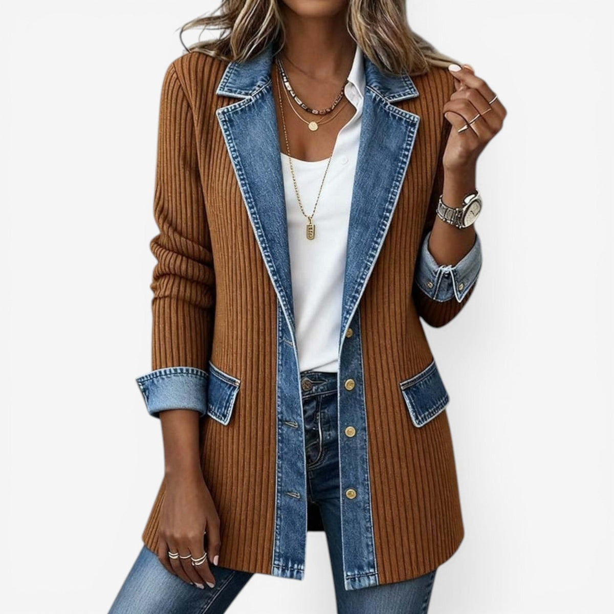 Sabine | Casaco Feminino Malha Canelada com Recortes Jeans